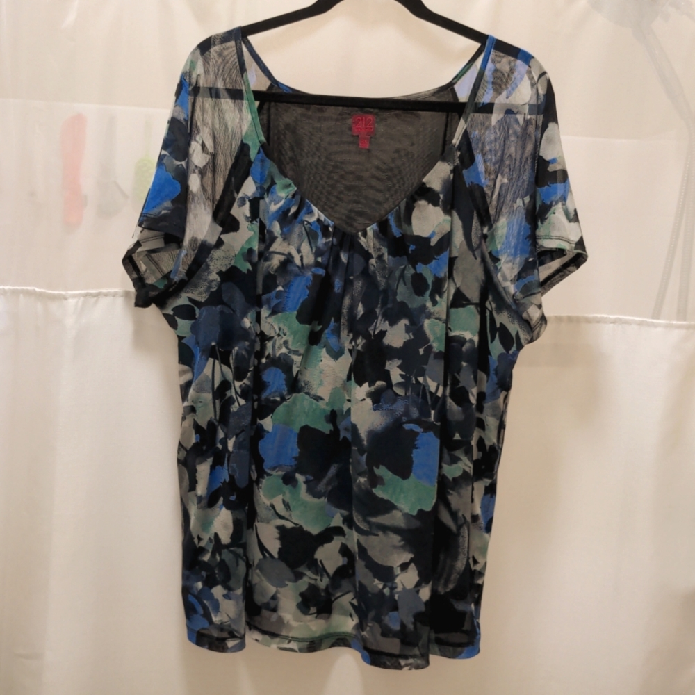 212 Collection Plus Size Sheer Blue, Green and Black Florals Blouse Size 2X
